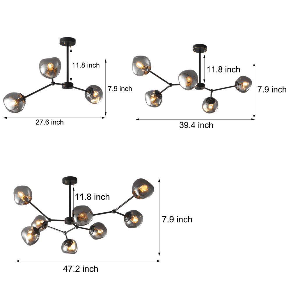 Modern Smoke Gray Glass Molecule Chandelier with Matte Black Metal Arms for Dining Room
