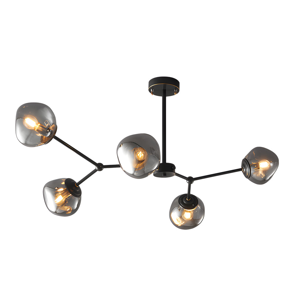 Modern Smoke Gray Glass Molecule Chandelier with Matte Black Metal Arms for Dining Room