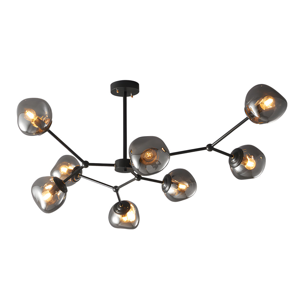 Modern Smoke Gray Glass Molecule Chandelier with Matte Black Metal Arms for Dining Room
