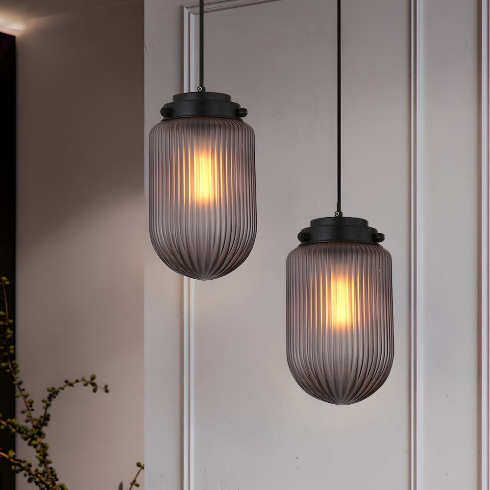 Modern Smoke Gray Pinecone Ribbed Glass Pendant Light Contemporary Single Bulb Hanging Ceiling Fixture