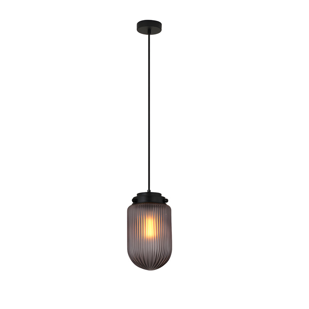 Modern Smoke Gray Pinecone Ribbed Glass Pendant Light Contemporary Single Bulb Hanging Ceiling Fixture