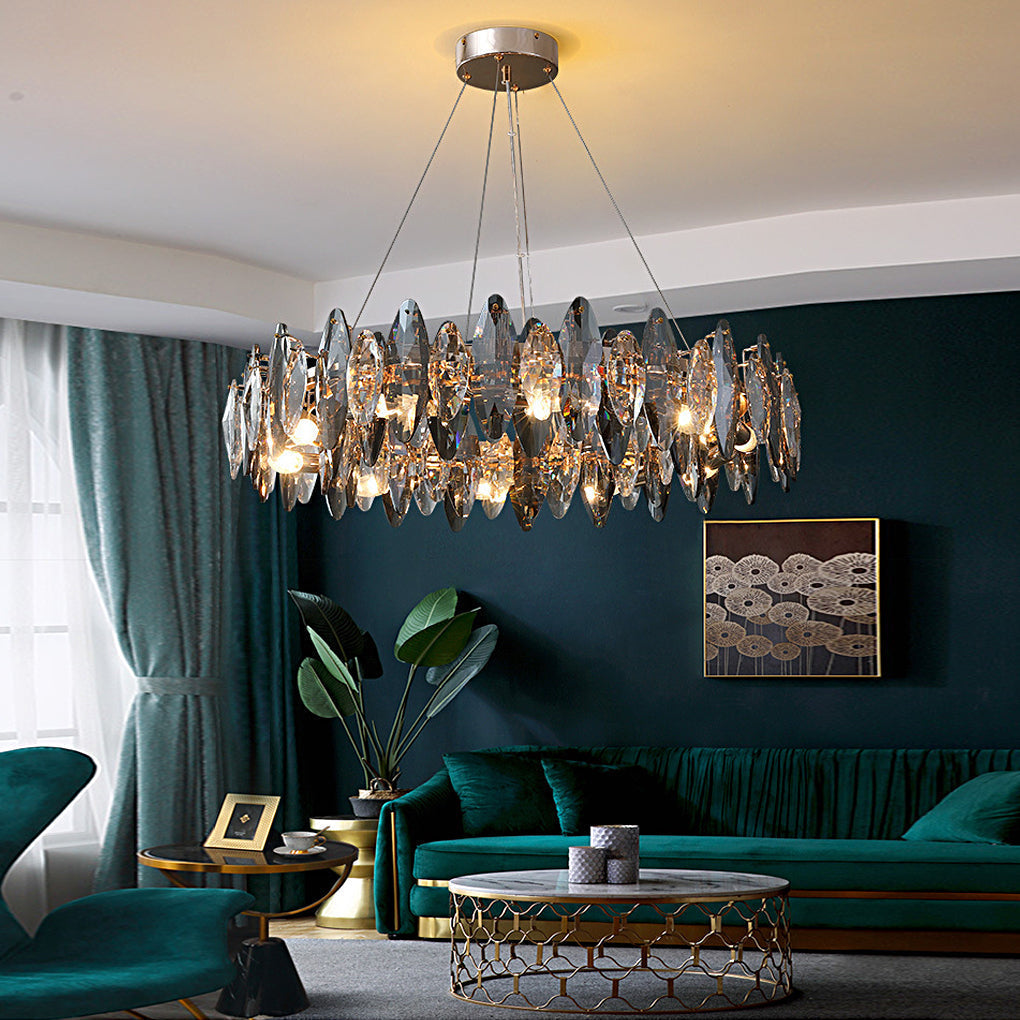 Modern Smoke Gray Round Crystal Chandelier Iron Luxury Pendant Lighting for Living and Dining Room