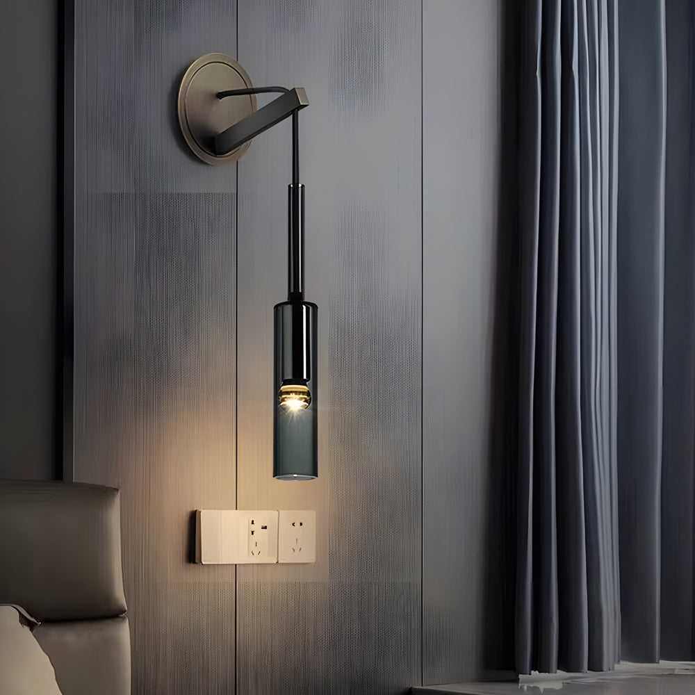 Modern Smoke Grey Glass Cylinder Wall Sconce with Copper Finish and Suspending Cord for Stairway
