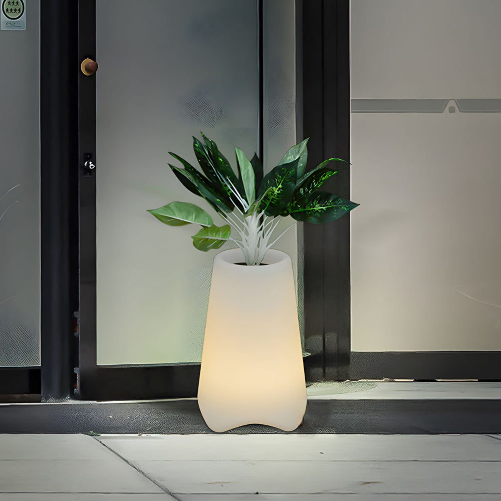 Modern Solar Powered LED Lighted Planter Pot Waterproof Frosted White Glowing Outdoor Decor