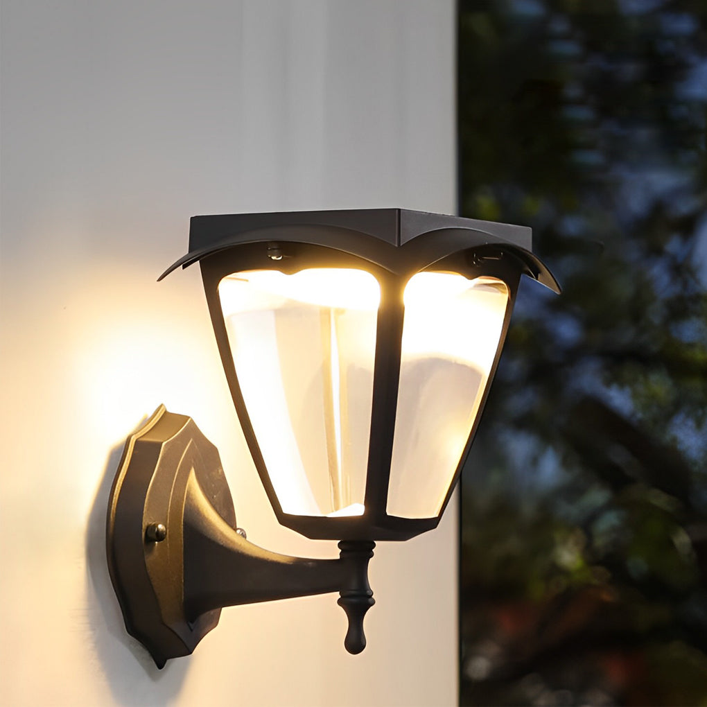 Modern Solar Powered LED Outdoor Wall Sconce Black Aluminum Porch Light with Dual Color Modes