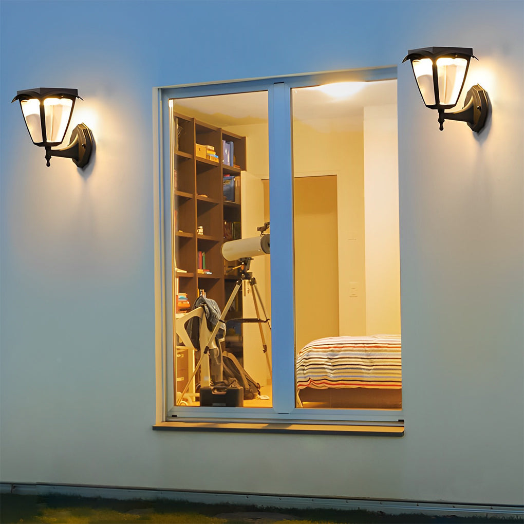 Modern Solar Powered LED Outdoor Wall Sconce Black Aluminum Porch Light with Dual Color Modes
