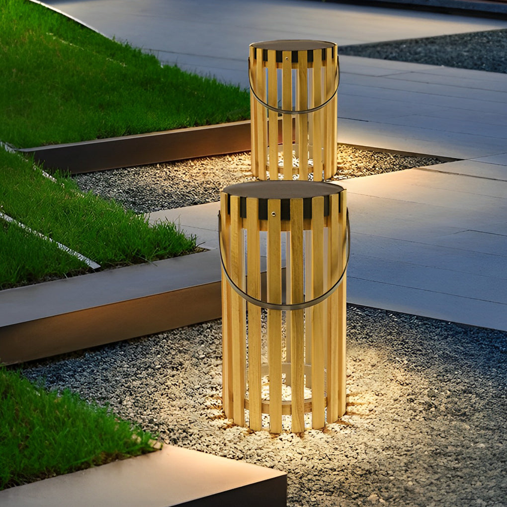 Modern Solar Powered Outdoor Floor Lamp Waterproof LED Wood Lantern for Garden and Patio