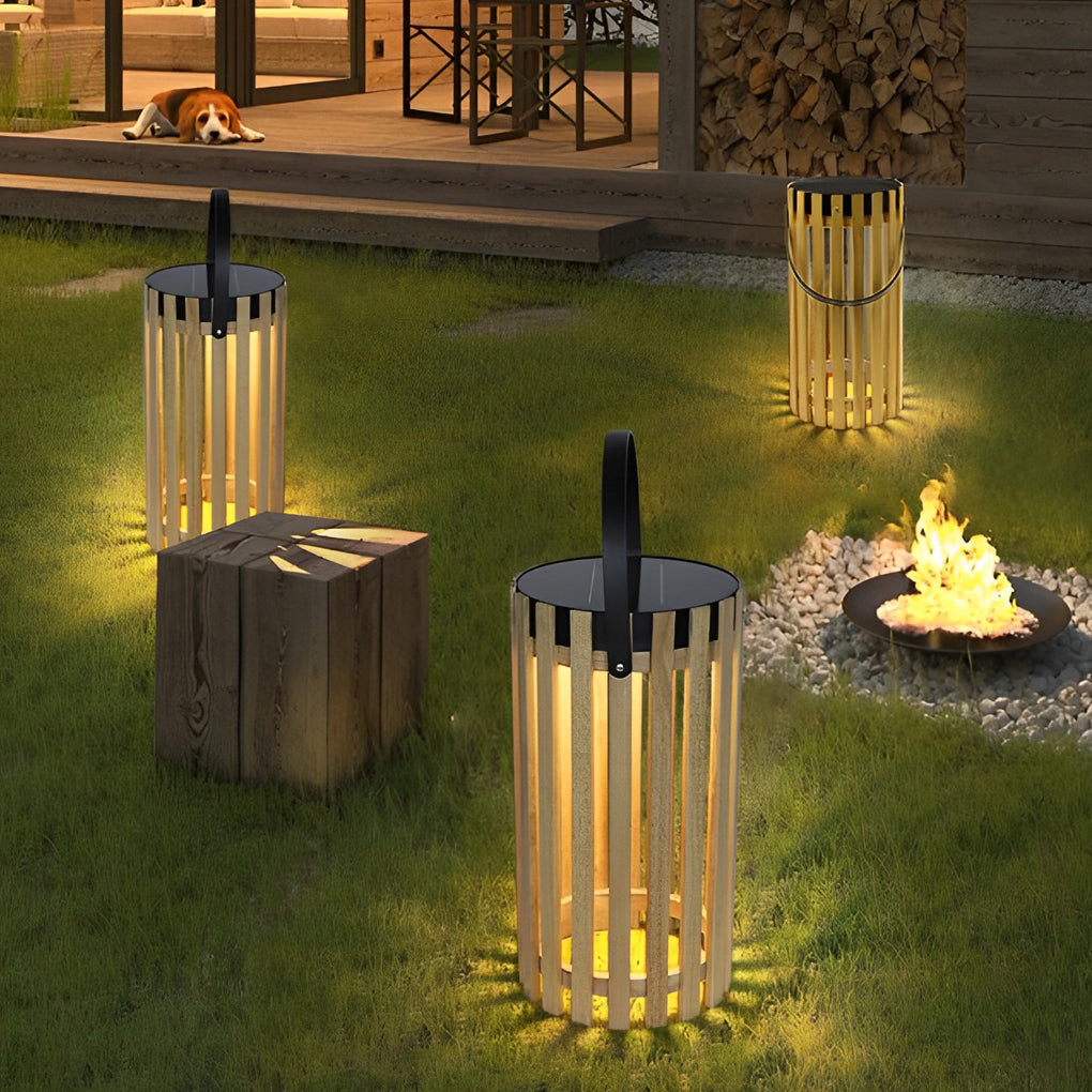 Modern Solar Powered Outdoor Floor Lamp Waterproof LED Wood Lantern for Garden and Patio