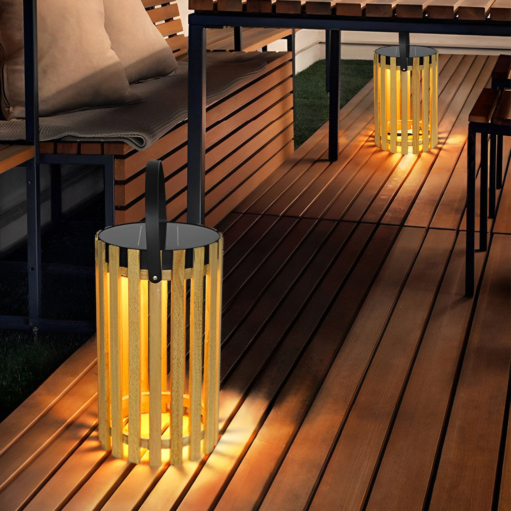 Modern Solar Powered Outdoor Floor Lamp Waterproof LED Wood Lantern for Garden and Patio