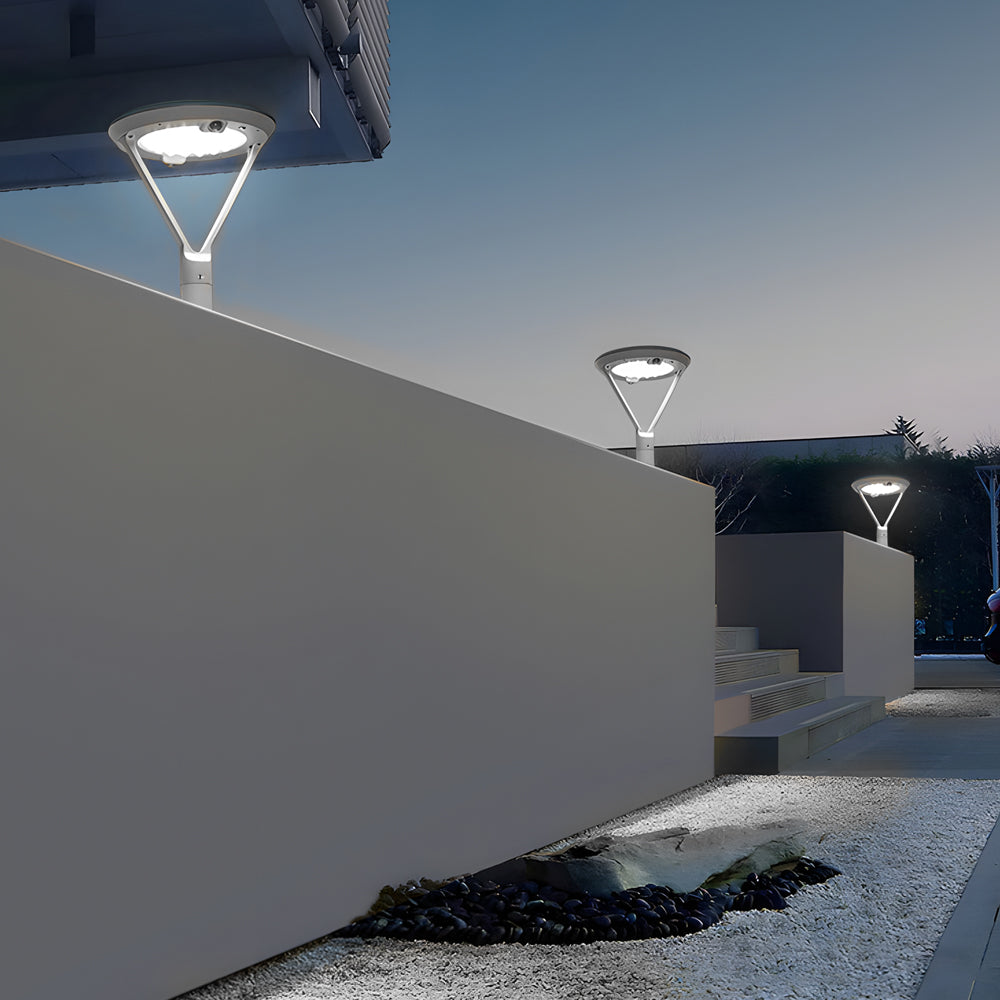 Modern Solar Powered Outdoor Pillar Light Round Gray Aluminum Dual Motion Sensor LED Post Lamp