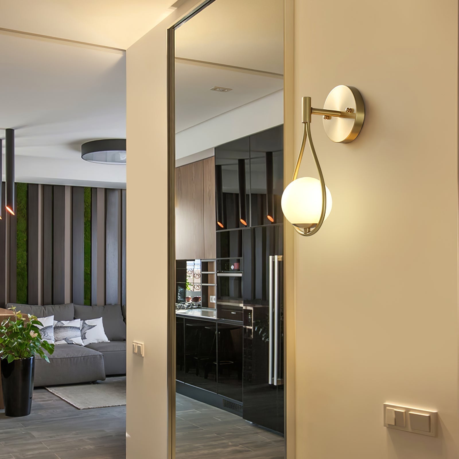 Modern Solid Brass Wall Sconce with Opal Glass Shade Set of 2 Indoor Wall Mounted Lighting Fixture
