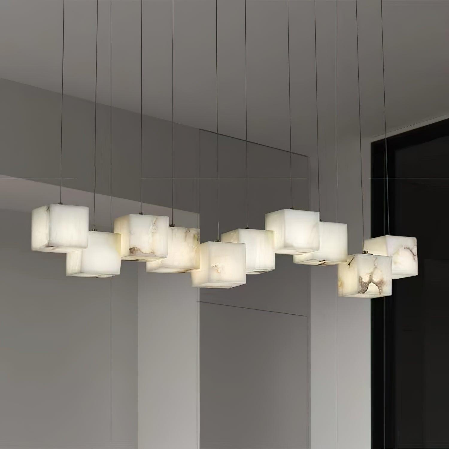 Modern Spanish Alabaster Box Pendant Light Minimalist Linear Ceiling Chandelier for Dining Room