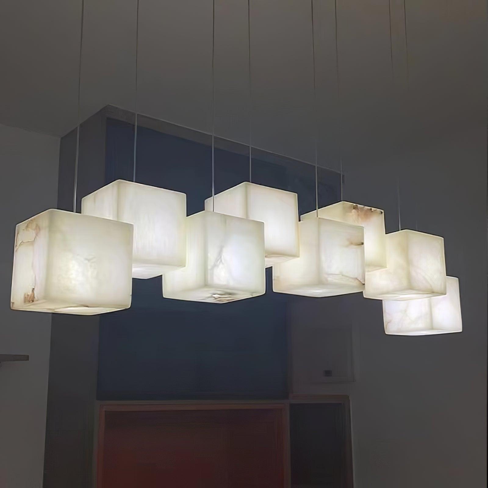 Modern Spanish Alabaster Box Pendant Light Minimalist Linear Ceiling Chandelier for Dining Room