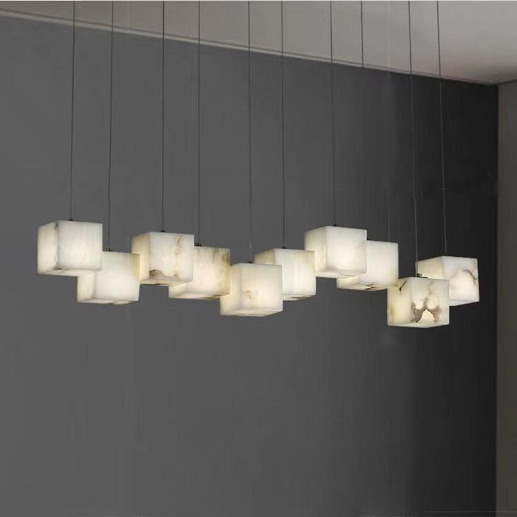 Modern Spanish Alabaster Box Pendant Light Minimalist Linear Ceiling Chandelier for Dining Room