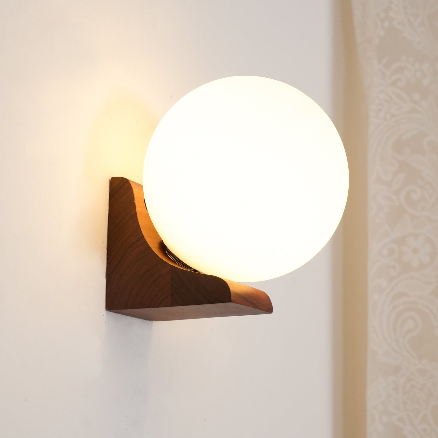 Modern Spherical Glass Globe Wall Sconce with Natural Solid Wood Base and G9 LED Socket