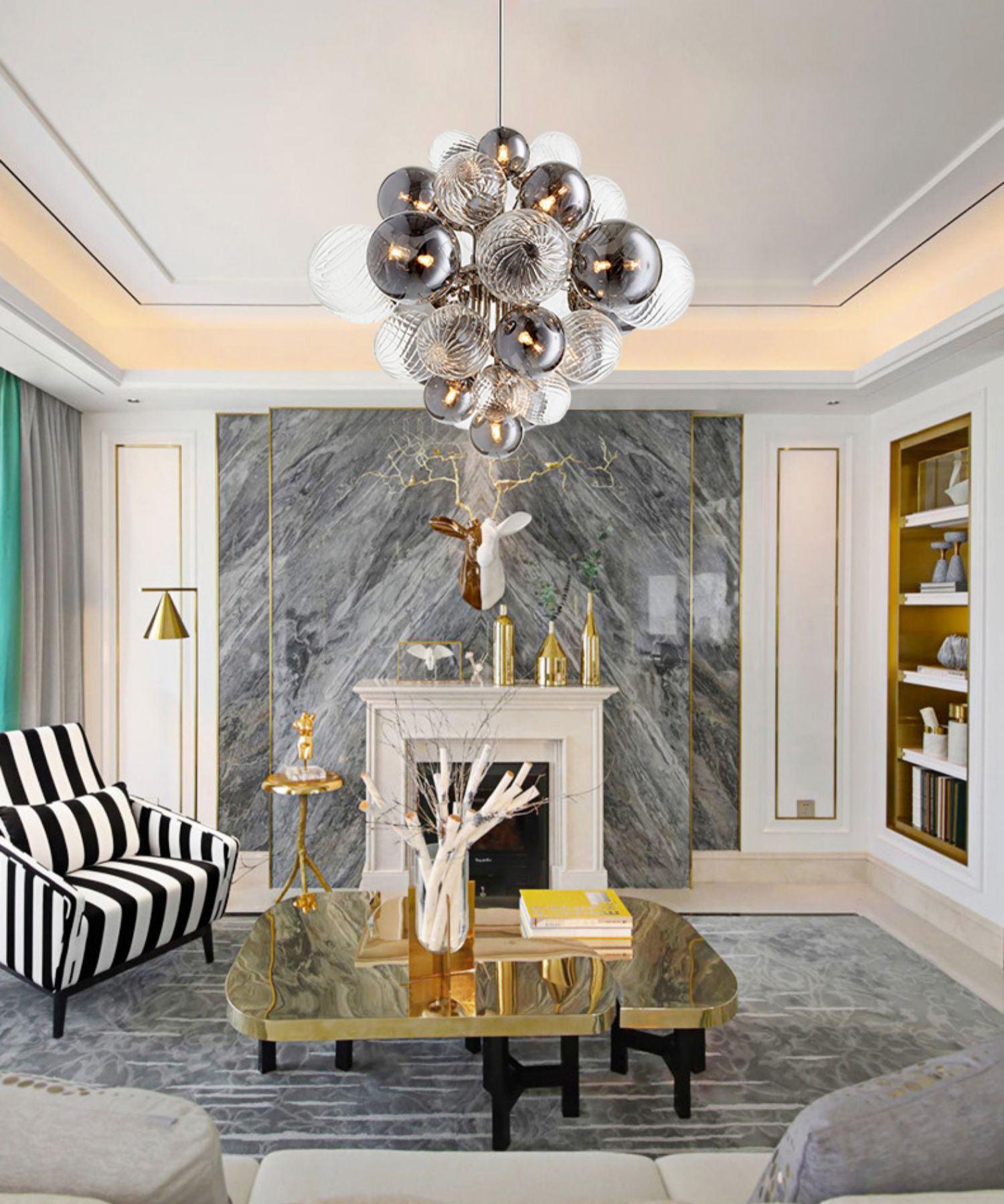 Modern Spiral Glass Globe Chandelier in Chrome Finish with Smoke Grey Accents