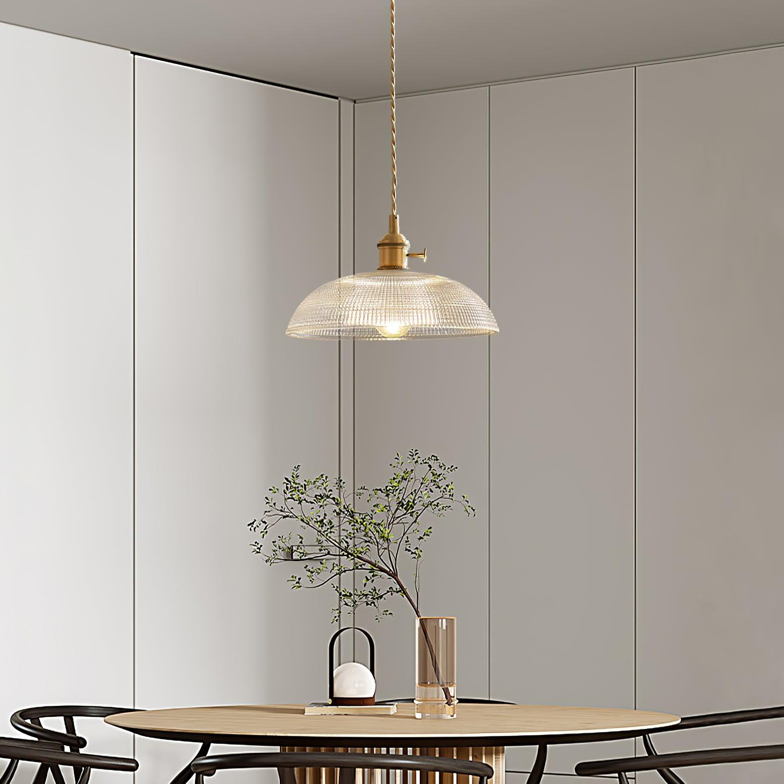 Modern Spiral Ribbed Glass Ceiling Pendant Light with Polished Brass Accents