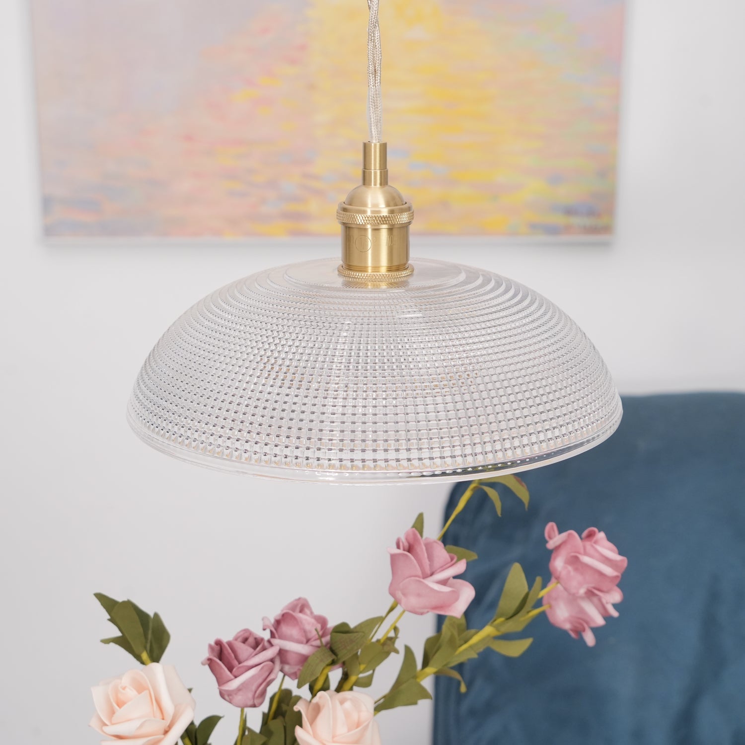 Modern Spiral Ribbed Glass Ceiling Pendant Light with Polished Brass Accents