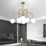 Modern Sputnik Chandelier with Milky White Ball Glass Shades and Curved Linear Gold or Black Frame