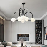 Modern Sputnik Chandelier with Milky White Ball Glass Shades and Curved Linear Gold or Black Frame