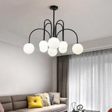 Modern Sputnik Chandelier with Milky White Ball Glass Shades and Curved Linear Gold or Black Frame