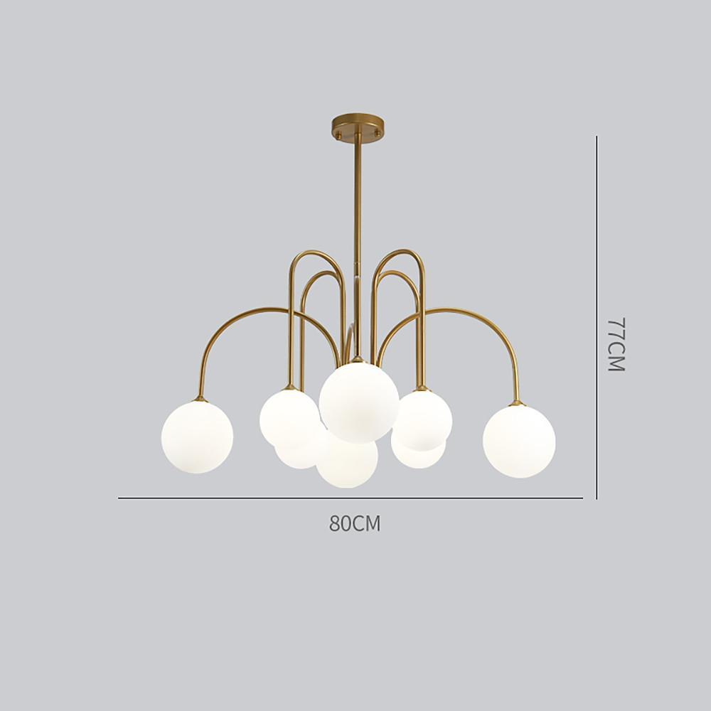 Modern Sputnik Chandelier with Milky White Ball Glass Shades and Curved Linear Gold or Black Frame