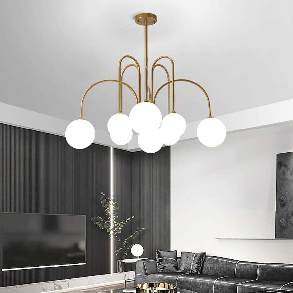 Modern Sputnik Curved Linear Chandelier White Glass Ball Shade Pendant Light Gold Black