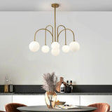 Modern Sputnik Curved Linear Chandelier White Glass Ball Shade Pendant Light Gold Black