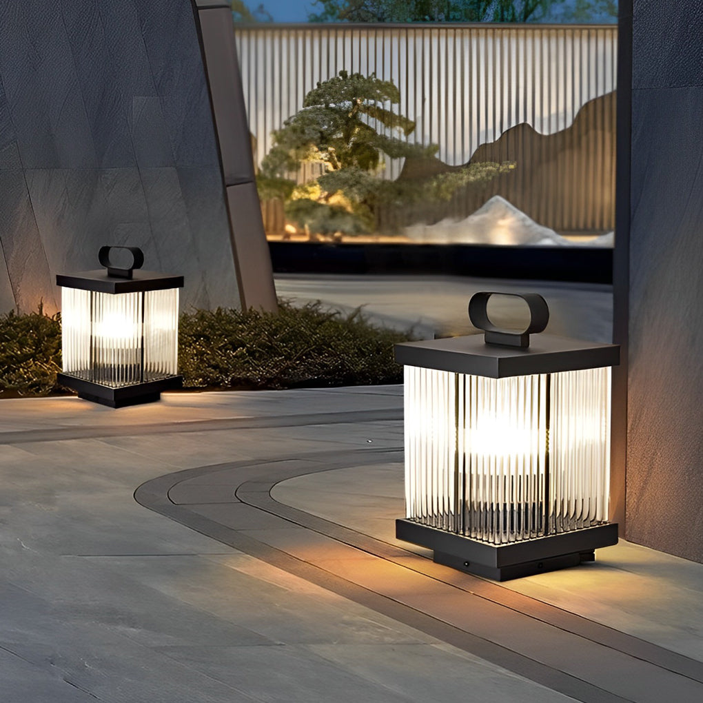 Modern Square Black Waterproof Outdoor Lantern with Striped Glass for Landscape Garden and Path Lighting