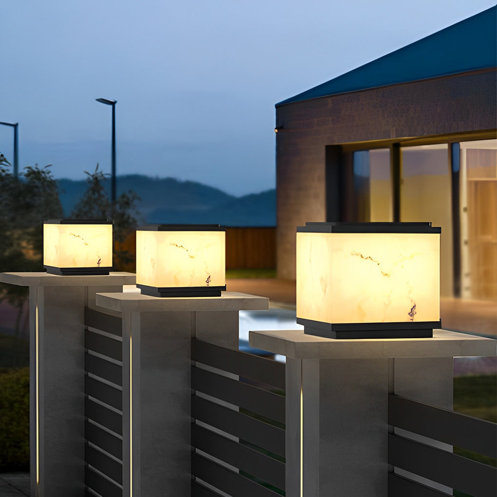 Modern Square Marbled LED Solar Powered Fence Post Light Waterproof Outdoor Pillar Lantern