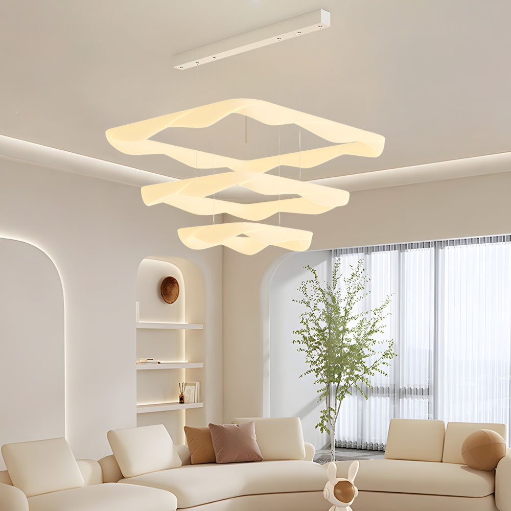 Modern Square Ring LED Chandelier Cream Style Three Step Dimming White Pendant Light
