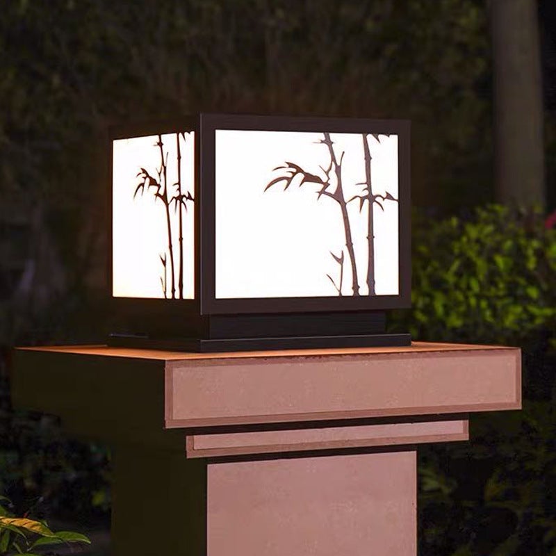 Modern Square Solar Pillar Light Waterproof Outdoor Post Lamp with Bamboo Design Acrylic Shade