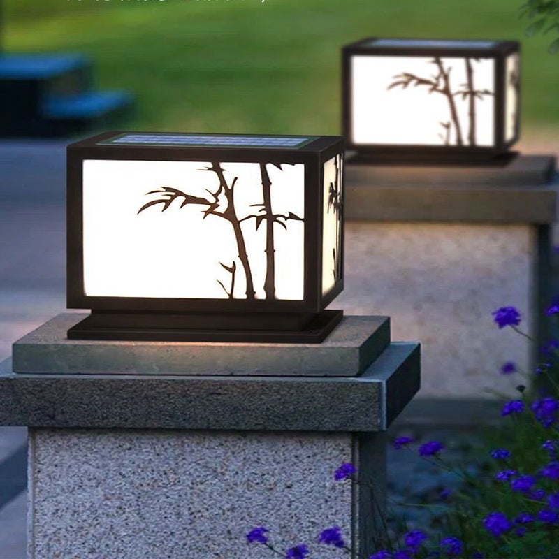 Modern Square Solar Pillar Light Waterproof Outdoor Post Lamp with Bamboo Design Acrylic Shade