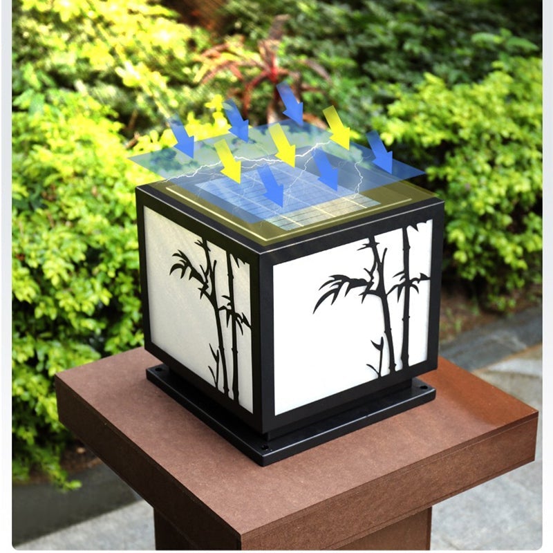 Modern Square Solar Pillar Light Waterproof Outdoor Post Lamp with Bamboo Design Acrylic Shade