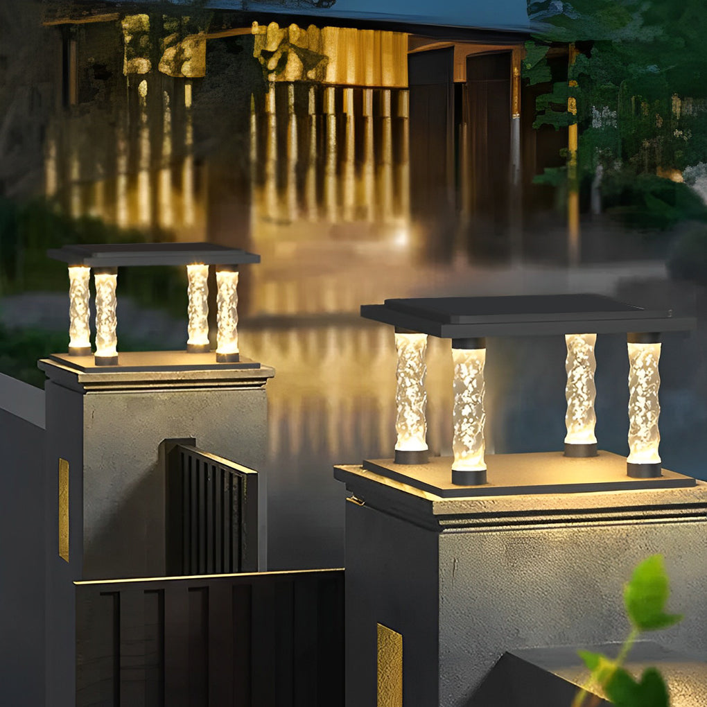 Modern Square Solar Post Cap Lights Outdoor Waterproof LED Bubble Glass Pillar Lantern for Garden Fence