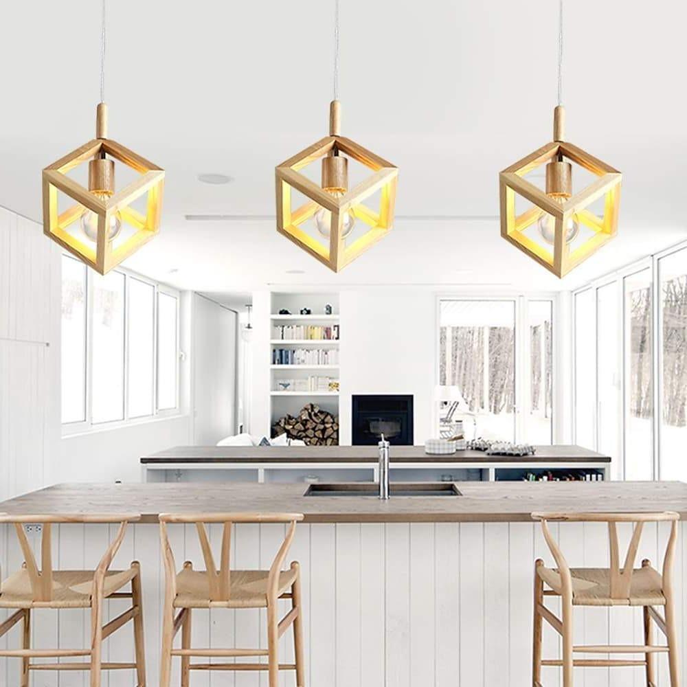 Modern Square Wood Pendant Light Geometric Wooden Island Hanging Ceiling Lamp for Dining Room