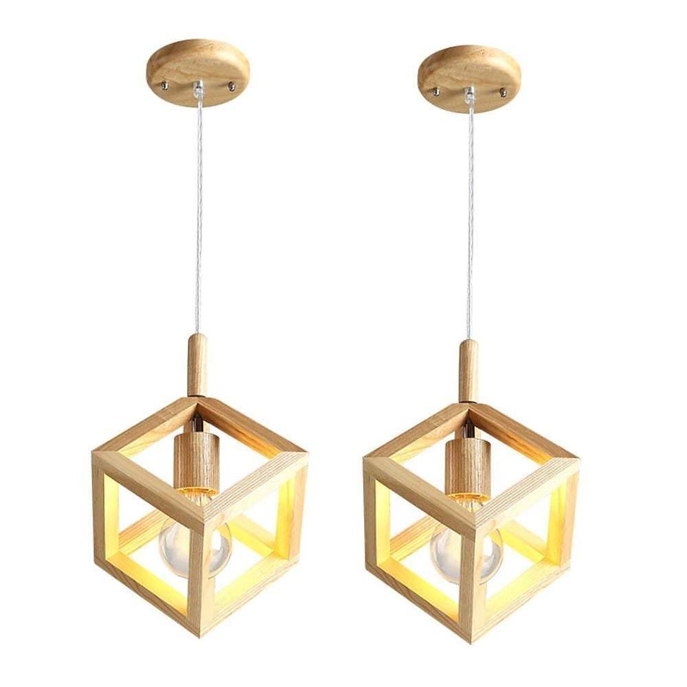Modern Square Wood Pendant Light Geometric Wooden Island Hanging Ceiling Lamp for Dining Room