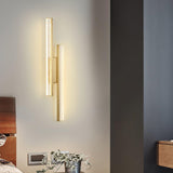 Modern Symmetrical Brass Linear LED Wall Sconce with Clear Acrylic Tubes Set of 2