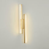 Modern Symmetrical Brass Linear LED Wall Sconce with Clear Acrylic Tubes Set of 2