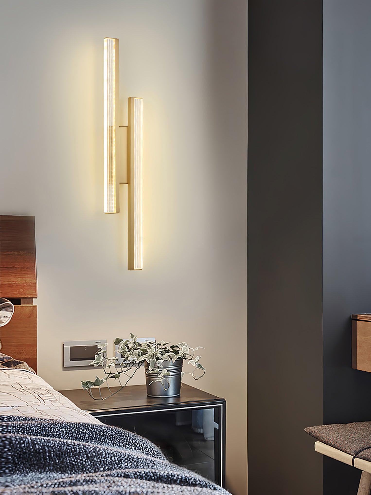 Modern Symmetrical Brass Linear LED Wall Sconce with Clear Acrylic Tubes Set of 2