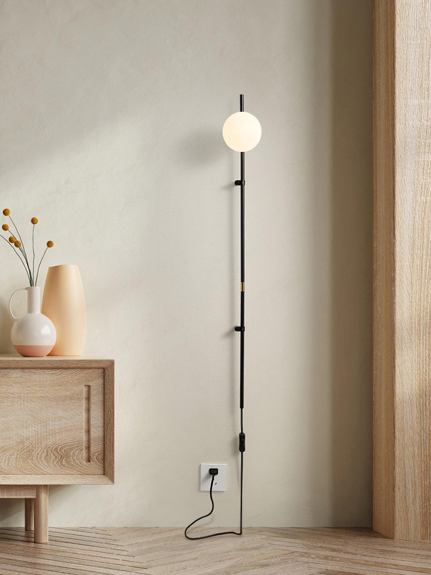 Modern Tall Vertical Stem Wall Lamp with White Glass Globe and Plug In Cord
