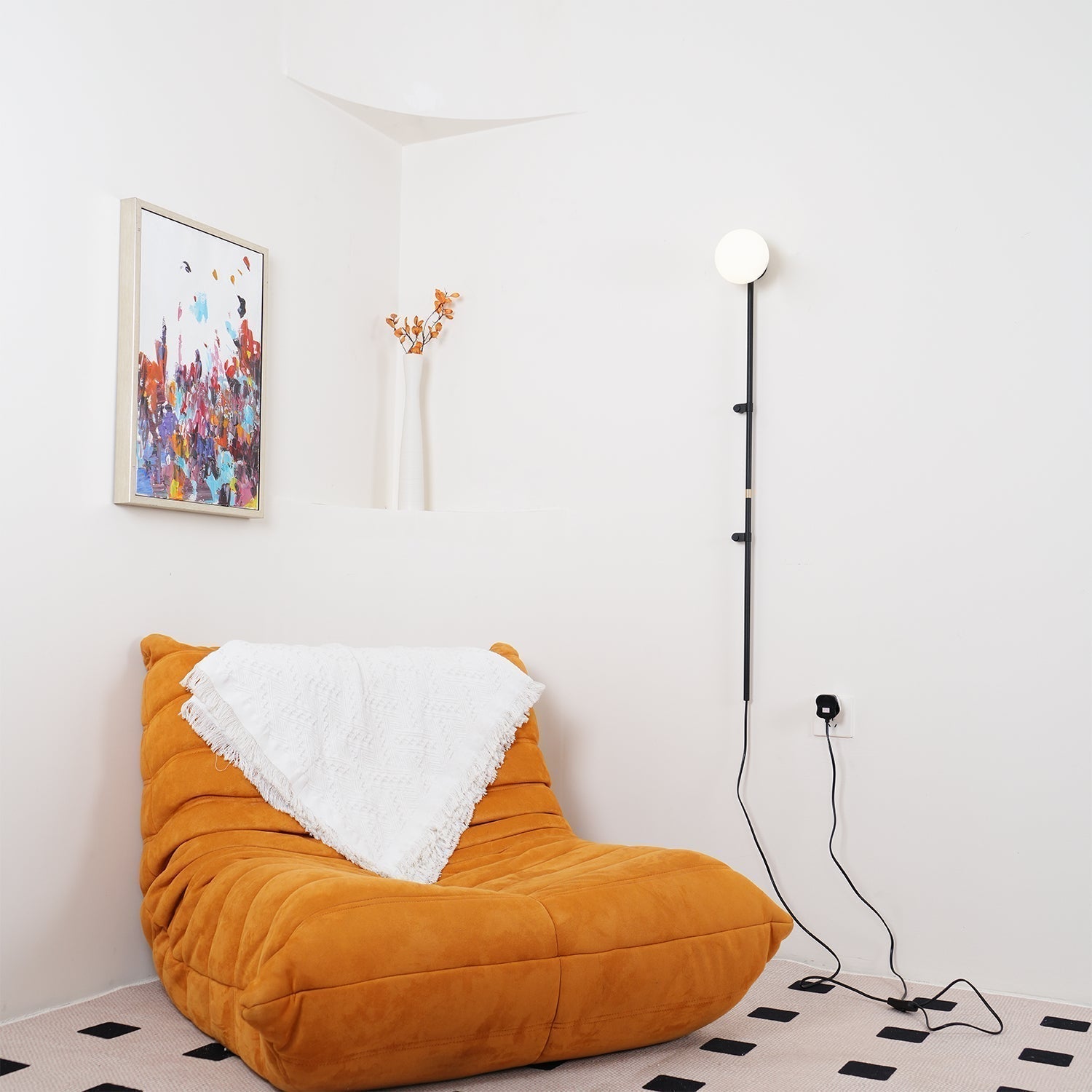Modern Tall Vertical Stem Wall Lamp with White Glass Globe and Plug In Cord