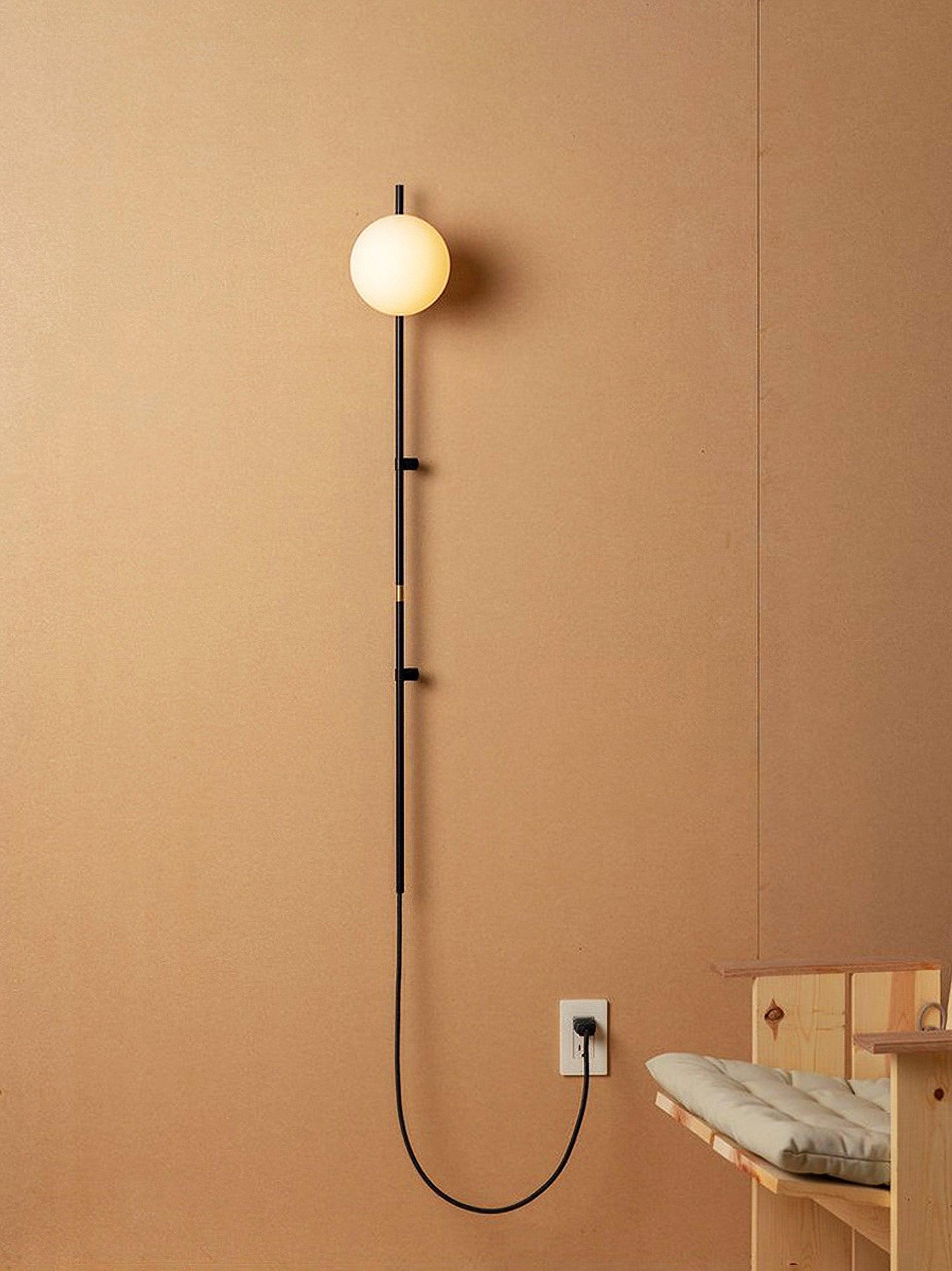 Modern Tall Vertical Stem Wall Lamp with White Glass Globe and Plug In Cord