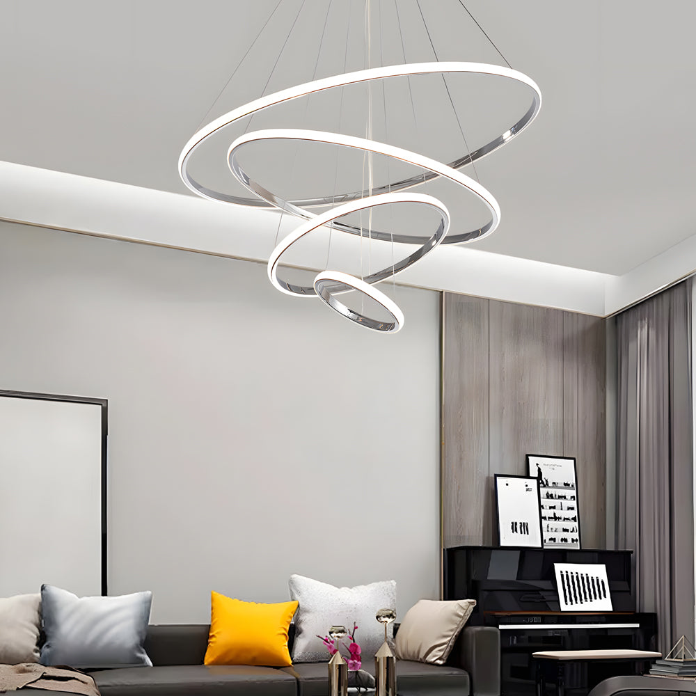 Modern Tiered LED Ring Chandelier in Polished Chrome Finish for Living and Dining Room