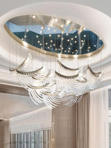Modern Tiered Palmette Acrylic Chandelier with Ribbed Leaf Design and Chrome Finish