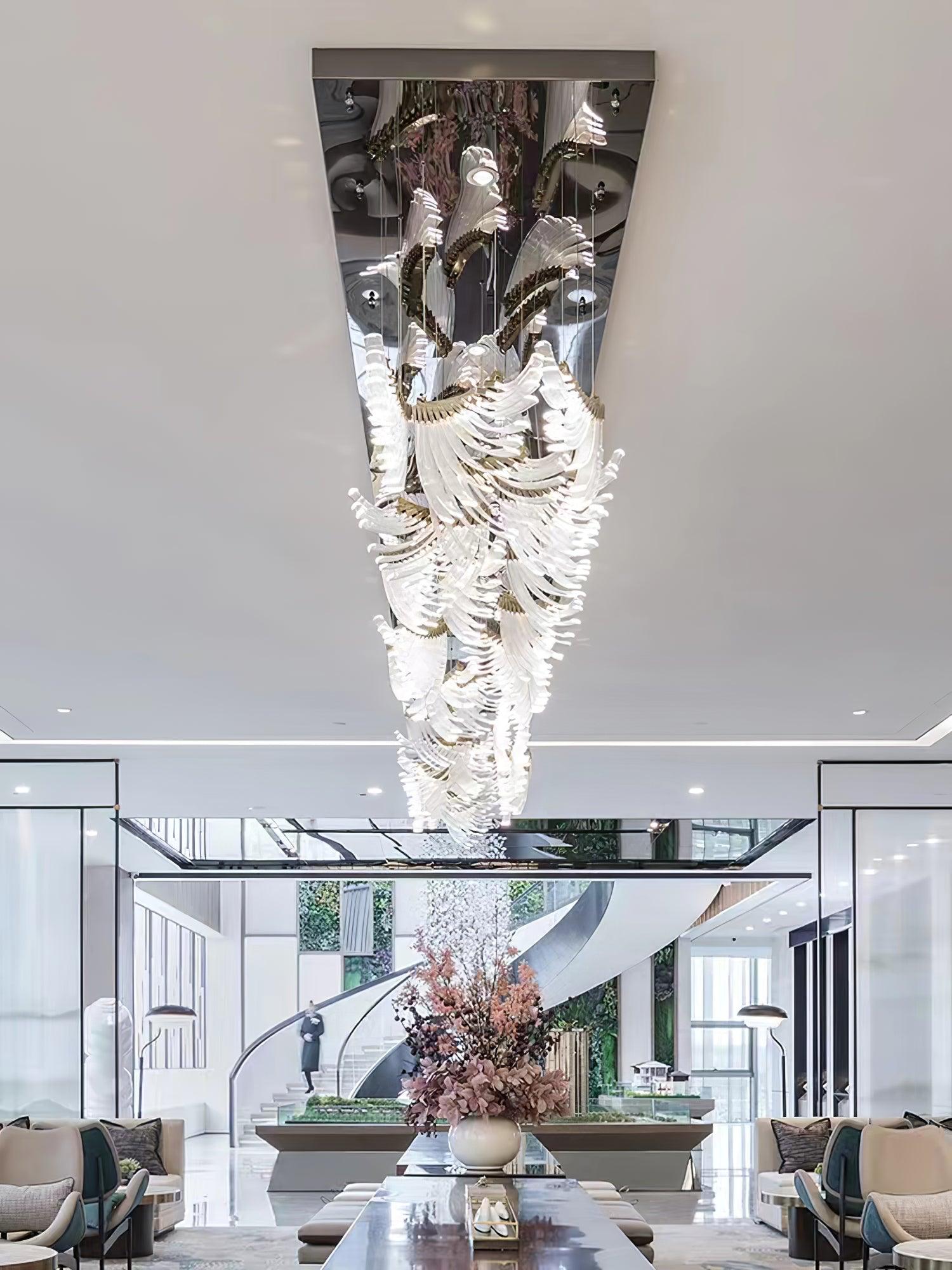 Modern Tiered Palmette Acrylic Chandelier with Ribbed Leaf Design and Chrome Finish