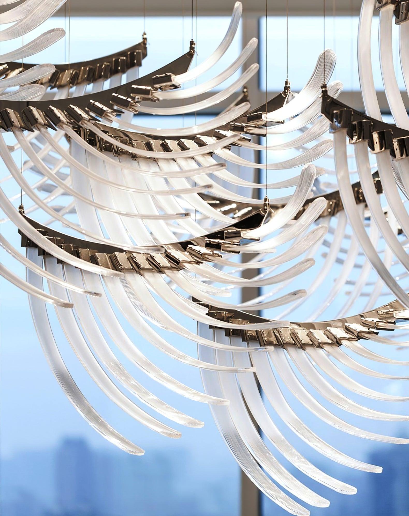 Modern Tiered Palmette Acrylic Chandelier with Ribbed Leaf Design and Chrome Finish