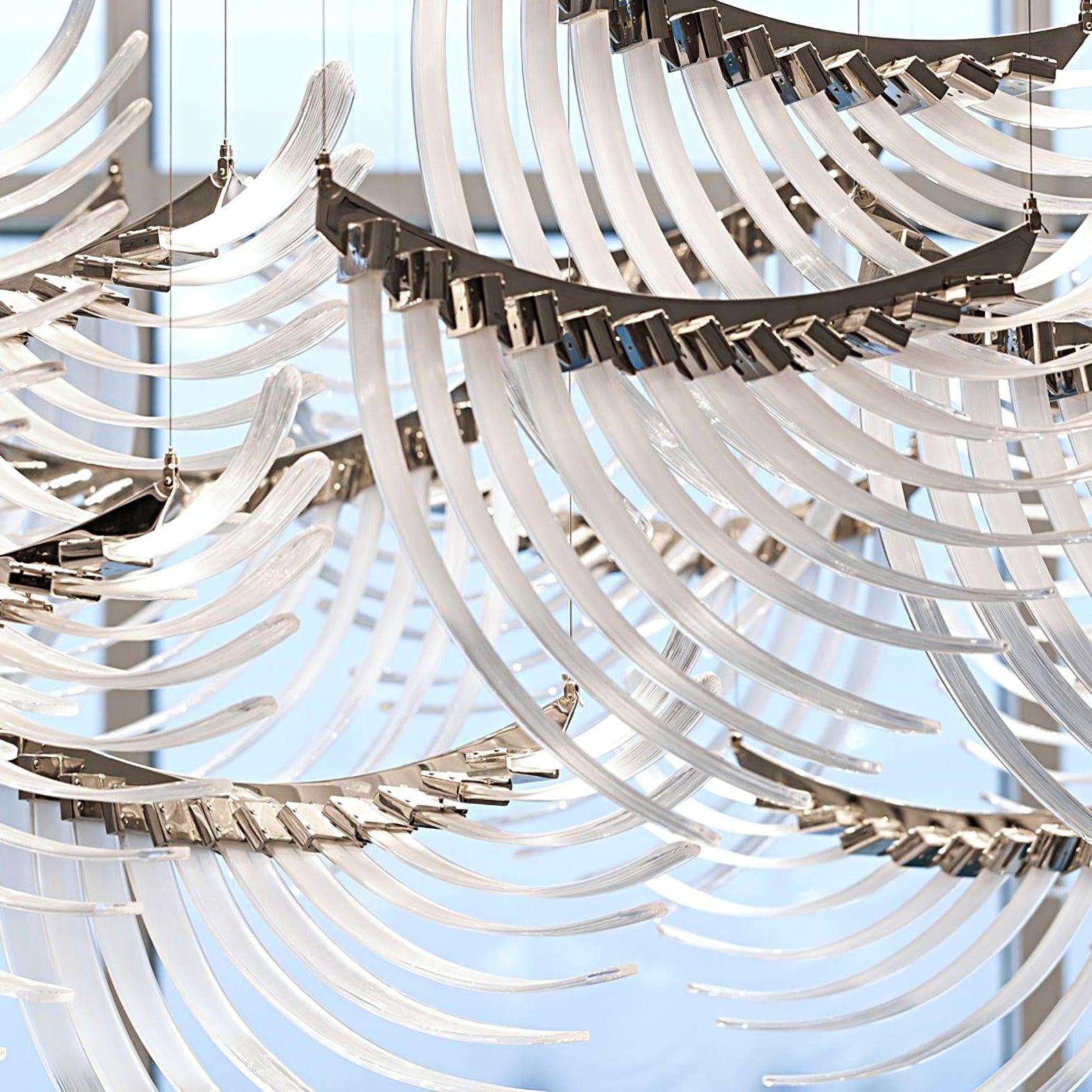 Modern Tiered Palmette Acrylic Chandelier with Ribbed Leaf Design and Chrome Finish