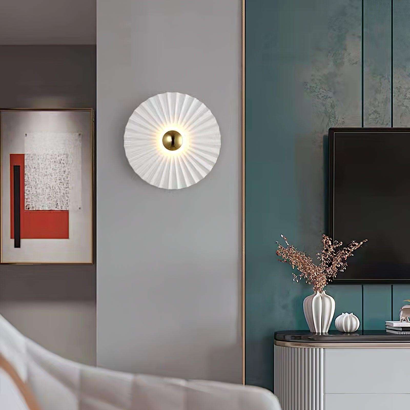 Modern Tinsley Pleated Ceramic Wall Sconce Glossy White and Gold Flush Mount Light for Living Room