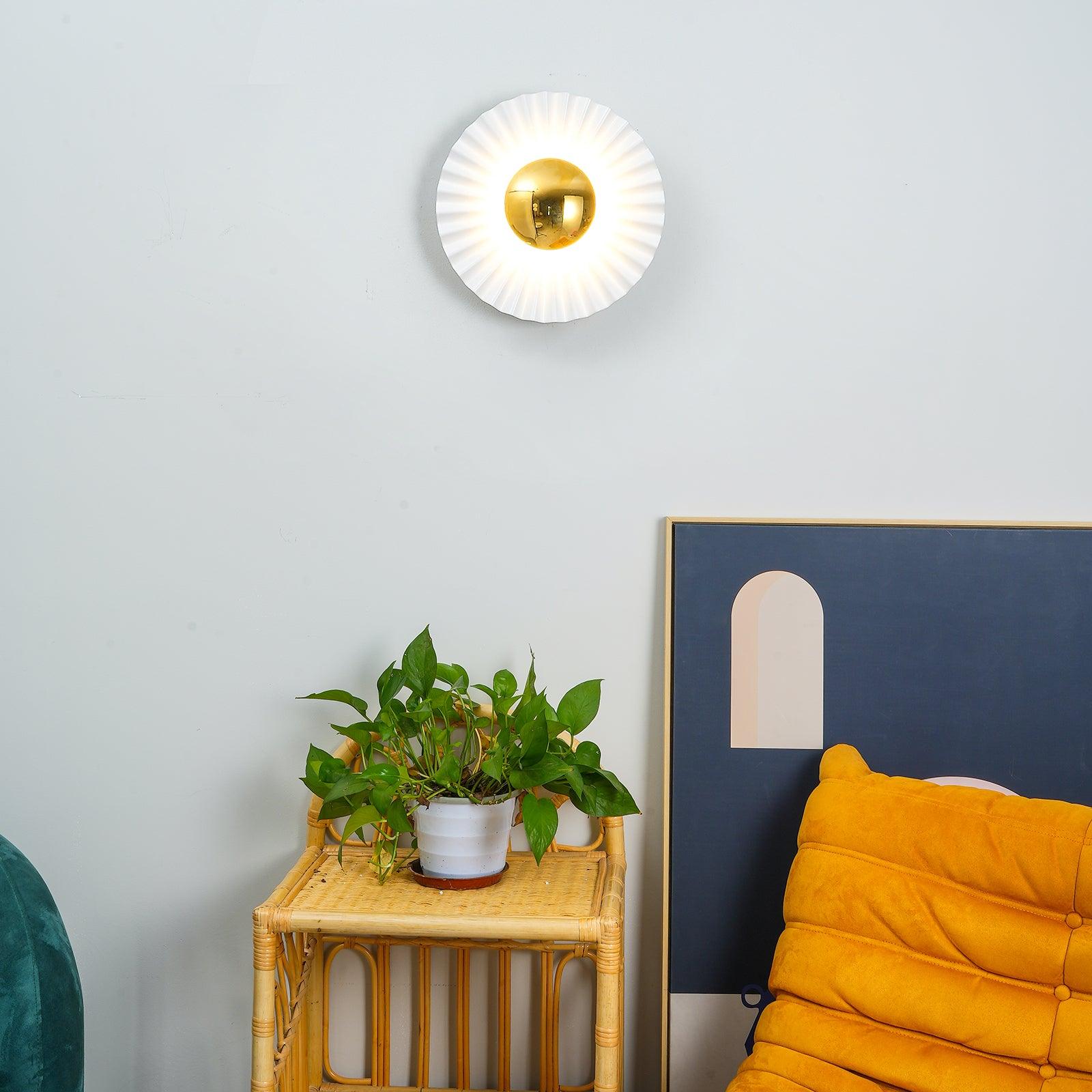 Modern Tinsley Pleated Ceramic Wall Sconce Glossy White and Gold Flush Mount Light for Living Room